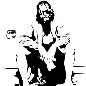 以下が含まれることがあります： 黒と白のイラストで、サングラスとシャツを着て足を組んで座っている人が描かれています。その人は暗い表面に座っています。