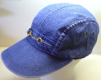 Stone Washed Denim Cap, Snaffle Bit Detail, Blue Cotton Lined