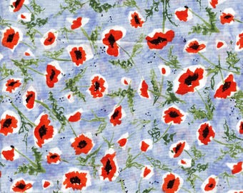 HALF YARD Red Poppies on Blue Floral Moda Quilt Sew Cotton Fabric