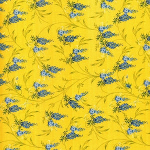 May include: A repeating pattern of blue floral clusters and green leaves on a bright yellow background. The design features delicate vines and small white accents, creating a vintage, botanical aesthetic. This fabric is suitable for various craft projects.