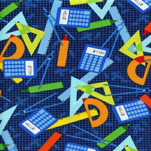 School Supplies Saved by the Bell Studio E Cotton Fabric E4643-77 Navy, By the Yard