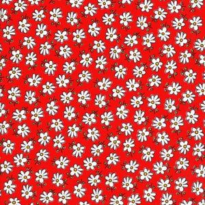 May include: A vibrant red fabric with a repeating pattern of small white daisies. Each daisy has a yellow center and green stems and leaves. The floral design creates a cheerful and summery aesthetic, suitable for various craft projects.
