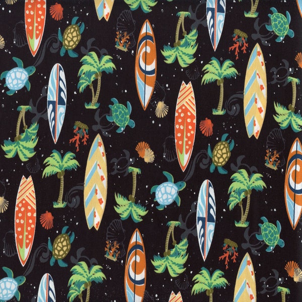 Hawaiian Surf Palm Sea Trans-Pacific Cotton Fabric YU-1804 Black, By the Yard