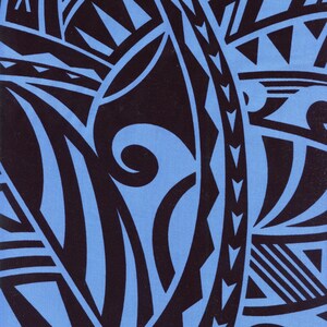 May include: Abstract textile pattern featuring a repeating design in black against a light blue background. The design includes curved and angular shapes, creating a bold, graphic aesthetic. The pattern is suitable for fabric or wallpaper.