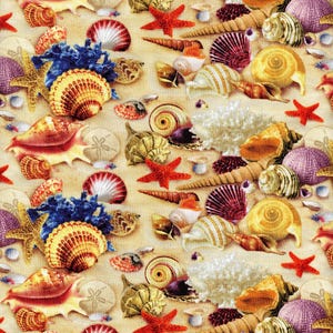 Vibrant Sea Shell Beach Landscape Medley Elizabeth&#39;s Studio Cotton Fabric 278 Sand, By the Yard