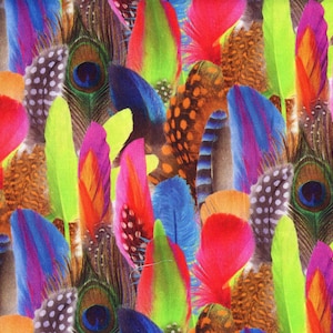 May include: A colourful pattern composed of feathers in a variety of sizes and shades. The design incorporates feathers in red, blue, green, purple, and orange, with some featuring speckled patterns and peacock eye details.