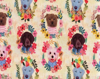 May include: A repeating pattern of dog portraits, each surrounded by a floral wreath. The dogs have various fur colors and wear different outfits. The background is a light yellow with a subtle texture.