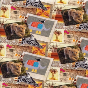 May include: A fabric pattern featuring a collage of safari-themed images. The design includes polaroid-style photos of a lion cub and an elephant with a bird, along with giraffe heads, palm trees, and decorative elements.