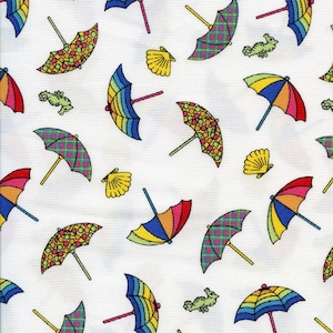 May include: White fabric with a repeating pattern of colorful umbrellas, seashells, and seahorses. The umbrellas feature various designs, including polka dots and plaid, with rainbow, yellow, and blue hues.