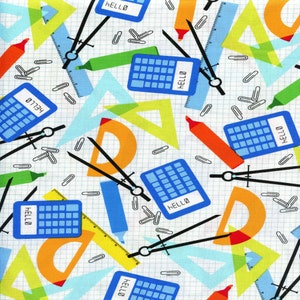 School Supplies Saved by the Bell Studio E Cotton Fabric E4643-1 White, By the Yard