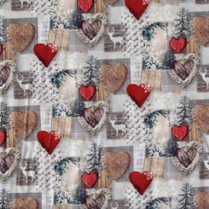Peut inclure: Motif répété avec des éléments hivernaux. Il comprend des cœurs rouges, des ornements en forme de cœur marron, des cœurs encadrés, des silhouettes de cerfs, des flocons de neige et des arbres à feuilles persistantes. Le fond a un motif à carreaux avec des textures boisées et tricotées.