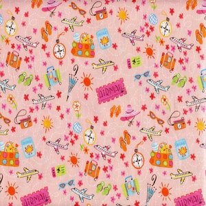 May include: Pink fabric with a repeating pattern of travel-themed illustrations. The design includes airplanes, suitcases, cameras, sunglasses, compasses, passports, flowers, suns, and the word "AIRMAIL".