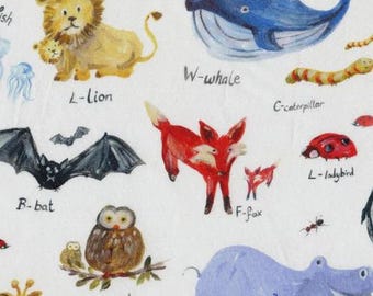 Animal Letters Learning Together Michael Miller Cotton Fabric DCX9036-Whit-D White, By the Yard