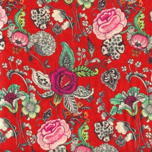 May include: A vibrant red fabric featuring a detailed floral pattern. The design includes large pink roses, green leaves, and smaller white and black floral elements. The overall aesthetic is a bold, colorful, and intricate botanical print.