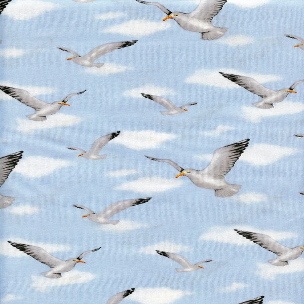 Seagulls Wade & Sea Blank Textiles Cotton Fabric B-9533-70 Blue, By the Yard