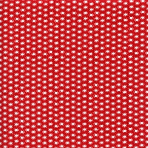 Könnte beinhalten: Nahaufnahme eines roten Stoffes mit einem sich wiederholenden Muster aus weißen Punkten. Jeder weiße Punkt ist von einem zarten, genähten Rand umgeben. Der Stoff hat eine glatte Textur und einen leuchtenden, einfarbigen roten Hintergrund.