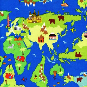 Map of the World Timeless Treasures Cotton Fabric Gail 2819 Blue, By the Yard