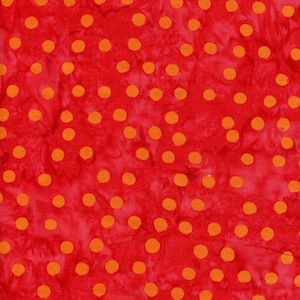 May include: Red fabric with a pattern of evenly spaced orange polka dots. The fabric has a textured appearance, with variations in the red background color. This textile is suitable for various craft projects.