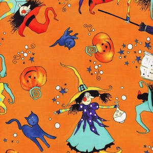 May include: Orange Halloween-themed fabric featuring cartoon witches, pumpkins, and black cats. The witches wear pointed hats and dresses, holding potion bottles and riding brooms. The design includes stars and swirls, creating a festive pattern.