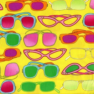 May include: A vibrant pattern of colorful sunglasses on a yellow background. The sunglasses come in various shapes and colors, including pink, green, orange, and blue, with a retro aesthetic. The image is a repeating pattern of eyewear.