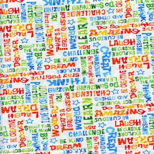 Words of Affirmation Saved by the Bell Studio E Cotton Fabric E4648-1 White, By the Yard