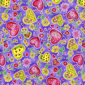 HALF YARD Spring Bright Hearts Flowers Purple Hoffman Fabrics