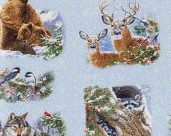 Animal Snow Winter Companions Elizabeth's Studio Sewing Cotton Fabric 9613 Snow, By the Yard