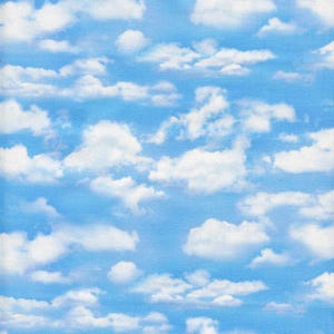 May include: A fabric with a sky blue background and white fluffy clouds. The clouds vary in size and shape, creating a realistic sky pattern. The fabric has a slightly textured appearance.