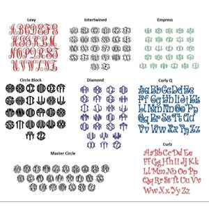 May include: A digital image showing different monogram font styles. The styles are named: Lexy, Intertwined, Empress, Circle Block, Diamond, Curly Q, Curlz, and Master Circle. Each style shows the alphabet in uppercase letters.