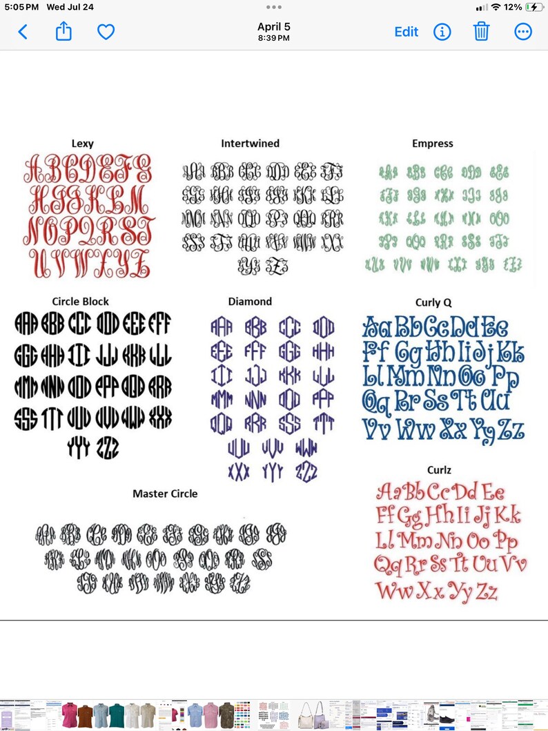 May include: A digital image showing different monogram font styles. The styles are named: Lexy, Intertwined, Empress, Circle Block, Diamond, Curly Q, Curlz, and Master Circle. Each style shows the alphabet in uppercase letters.