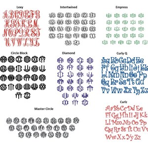 K&ouml;nnte beinhalten: Eine Tabelle mit verschiedenen Monogrammstilen, darunter Lexy, Intertwined, Empress, Circle Block, Diamond, Curly Q und Curlz. Jeder Stil zeigt das Alphabet in Gro&szlig;buchstaben.