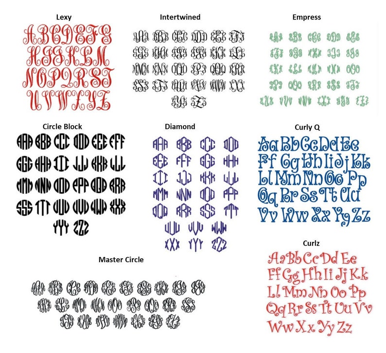 K&ouml;nnte beinhalten: Eine Tabelle mit verschiedenen Monogrammstilen, darunter Lexy, Intertwined, Empress, Circle Block, Diamond, Curly Q und Curlz. Jeder Stil zeigt das Alphabet in Gro&szlig;buchstaben.
