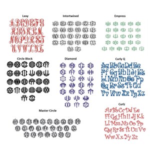May include: A collection of monogram fonts in various styles, including Lexy, Intertwined, Empress, Circle Block, Diamond, Curly Q, Curlz, and Master Circle. Each font is displayed with the alphabet.