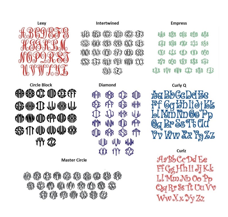 May include: A collection of monogram fonts in various styles, including Lexy, Intertwined, Empress, Circle Block, Diamond, Curly Q, Curlz, and Master Circle. Each font is displayed with the alphabet.