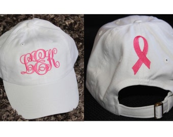 Monogrammed Ball Cap With Embroidered Cancer Ribbon on Back