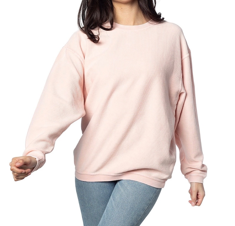 May include: A pale pink, long-sleeved, ribbed sweatshirt with a crew neck.