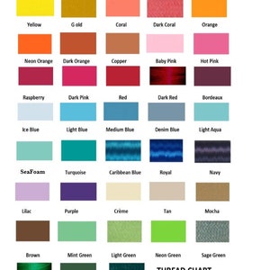 Op de afbeelding: Een garenkaart met een verscheidenheid aan kleuren, waaronder wit, zwart, geel, rood en blauw. De kaart bevat de tekst "THREAD CHART" en "NOTE: COLORS ARE CLOSE BUT NOT ALWAYS EXACT."