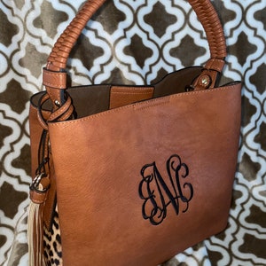 Monogrammed Contrast Hobo Handbag——-Black or Brown with Leopard Sides