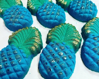 Blue Hawaiian Pineapple/Bath Bomb/Lime/Frankincense/Neroli/Biodegradable Glitter//Apricot Kernel Oil/Handmade in Victoria, B.C. Canada