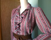 RESERVED 70s paisley print dress,  gathered sleeves dress, paisley shirt dress, long sleeved ruffle striped pink blue