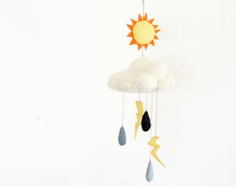 FINAL SALE - Stormy Day Cloud With Blue Denim Raindrops Lightning and Sun Nursery Mobile