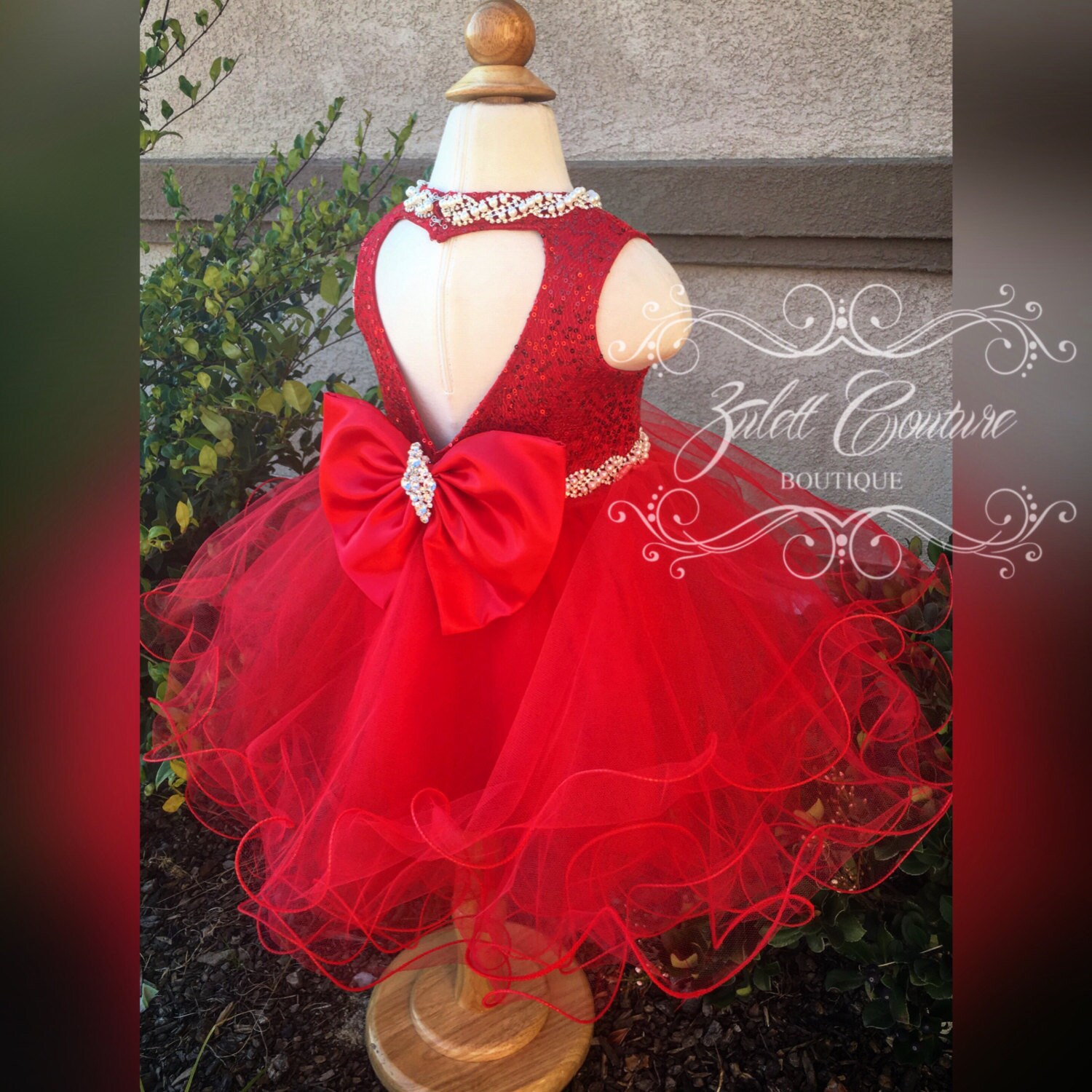 Red Sequin Flower Girl Dress - Open Back Party Dress, Cynthia Design