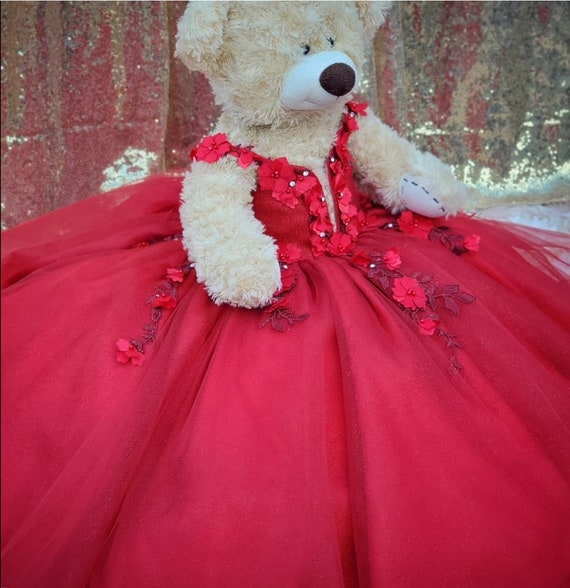 strapless open back dress Shimmery Off Shoulder 3D Flowers Ball Gown Quinceanera Dress with Train Red / 16