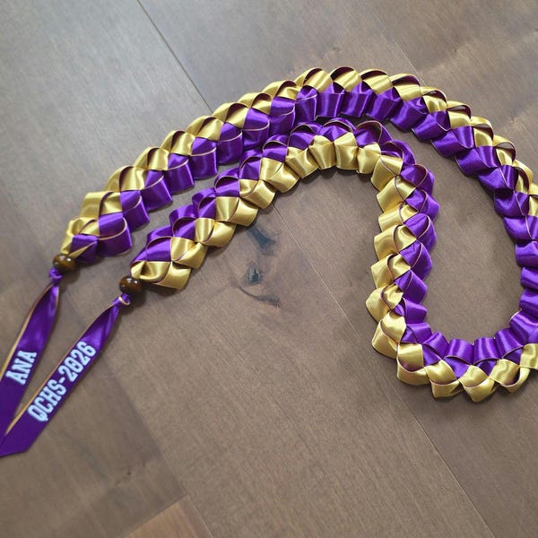 Pictured lei purple- yellow Gold Colored personalized Graduation Ribbon Lei – Custom School Colors .