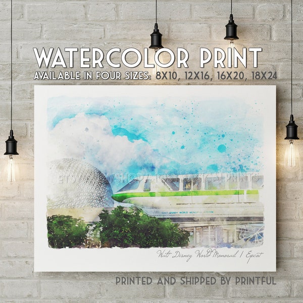 Watercolor Monorail -- UNFRAMED Wall Art Print / Disney World Painting / Multimedia Artwork / Epcot Photography / Parks Poster