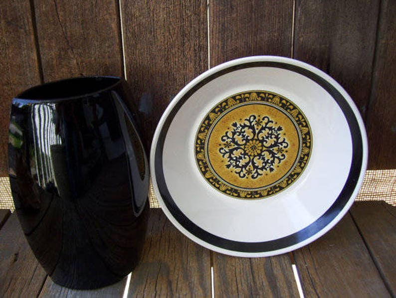 3 Cortez Studio Kraft by Mikasa Mid Century Soup Bowls Black and Gold Pattern 7912 Spanish Decor