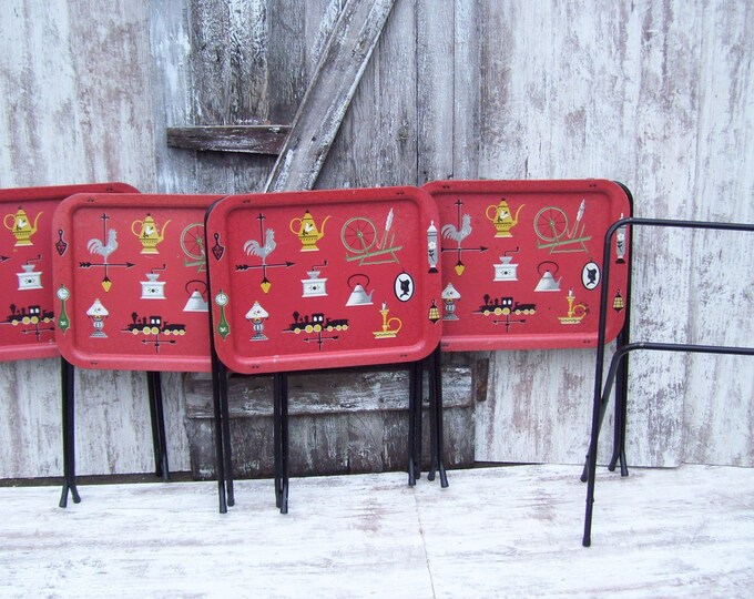 4 Red Metal TV Tray Crestline Heritage Rooster Weather Vane Clock Lamp Tray With Legs Folding