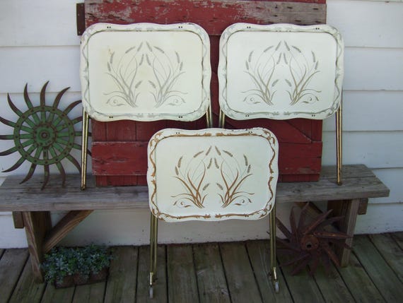 3 Wheat Metal TV Tray Tall Legs Mid Century Rustic Shabby Chic COLORS FADED Wheeled Stand Etsy