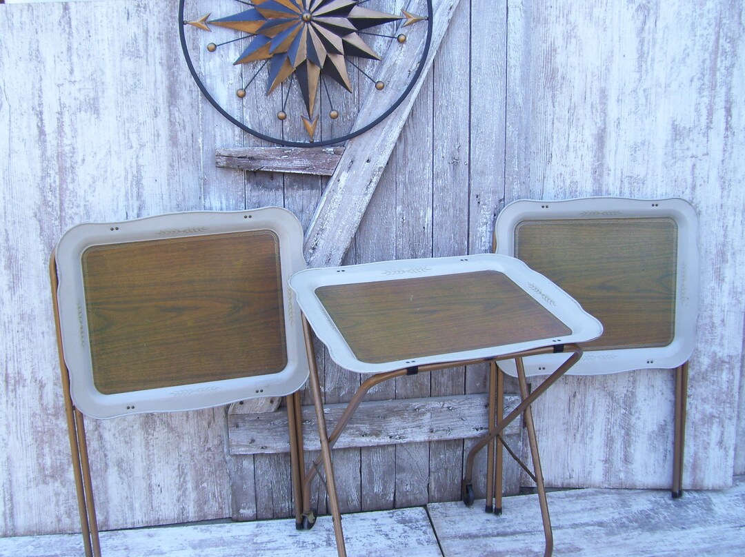 3 Cal Dak Metal TV Trays Faux Wood Trays With Legs Folding Etsy