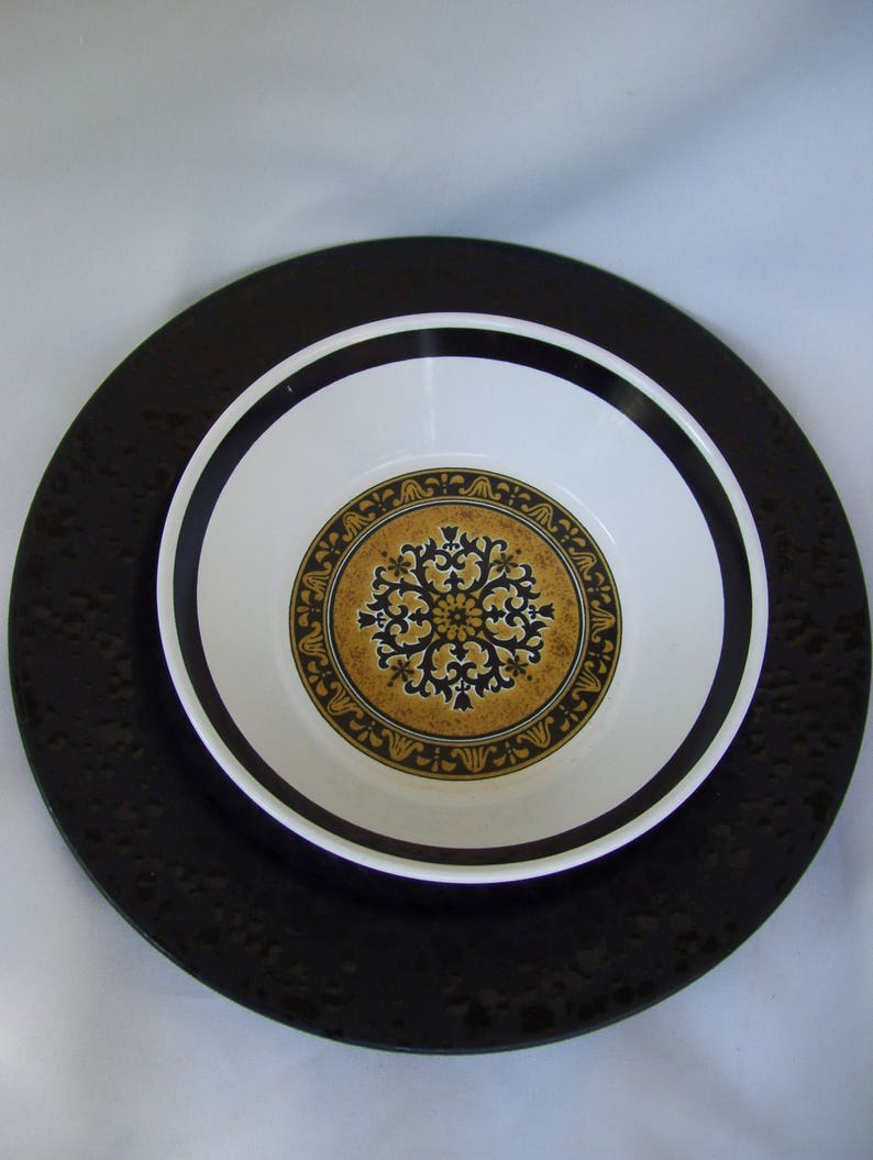 3 Cortez Studio Kraft by Mikasa Mid Century Soup Bowls Black and Gold Pattern 7912 Spanish Decor